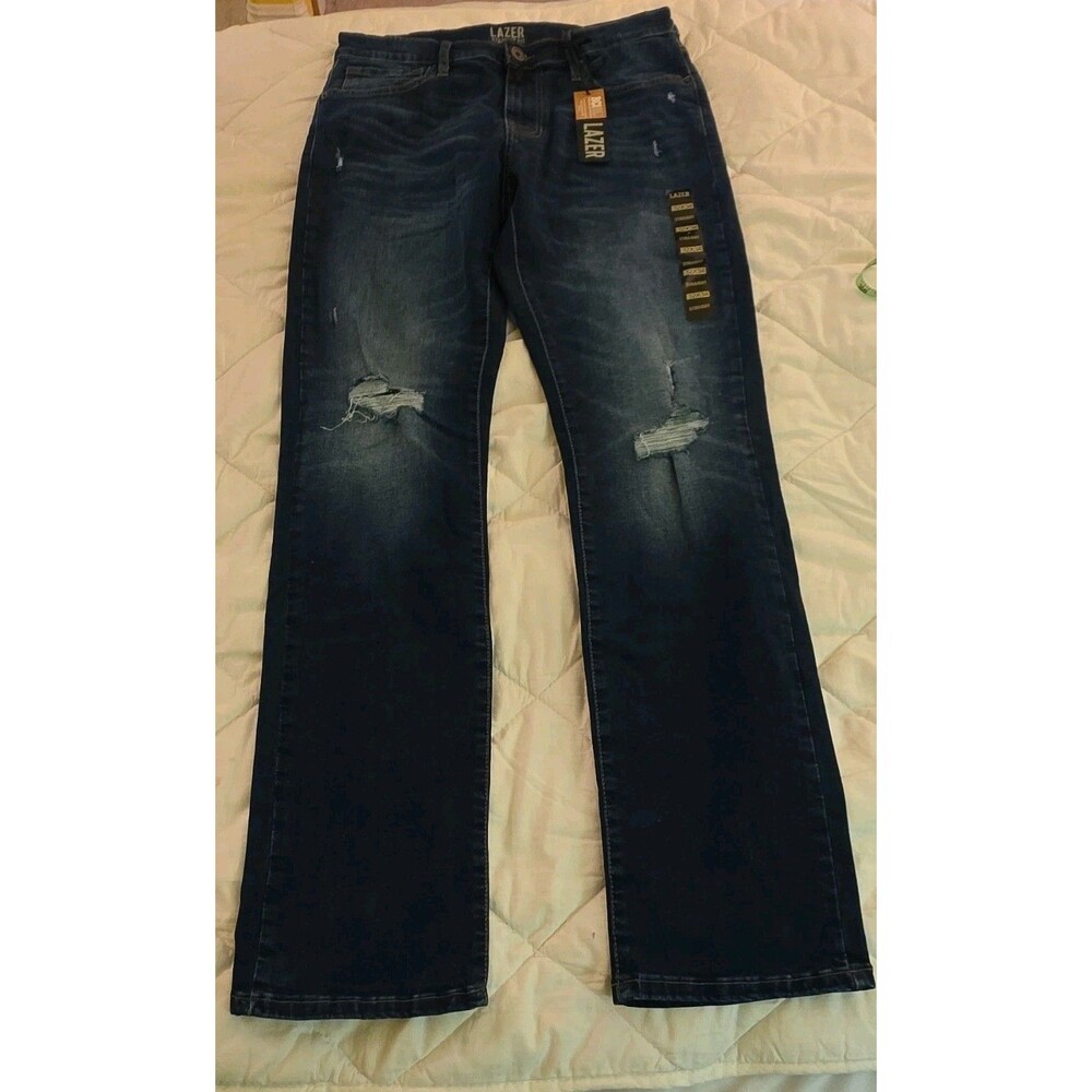 LAZER Men's Straight Fit Jeans - 32x34 Blue Medium Wash Distressed Denim Mid